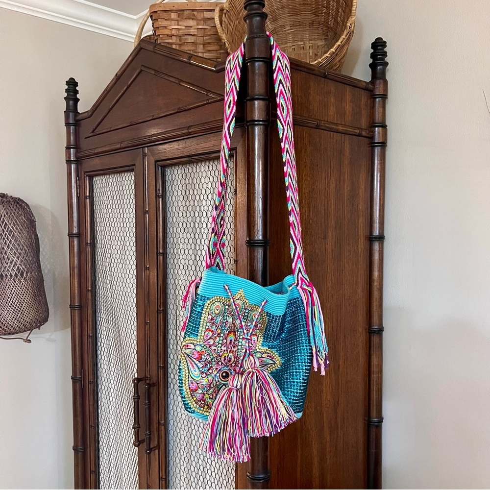 Unique Boho Drawstring Bag w/ Intricate Multicolor Beadwork